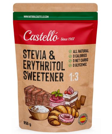 Castello since 1907 Stevia + Erythritol 1:3 Sweetener | 1g 3g of Sugar | 100% Natural Sugar Substitute - 0 Calories - 0 Glycemic Index - Keto and Paleo - 0 Net Carbohydrates - Non-GMO - 850 g