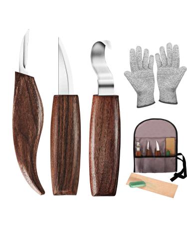 Wood Carving Tools  7 in 1 Wood Carving Kit with Carving Hook Knife  Wood Whittling Knife  Chip Carving Knife  Gloves  Carving Knife Sharpener for Beginners Woodworking kit Brown 7 in 1