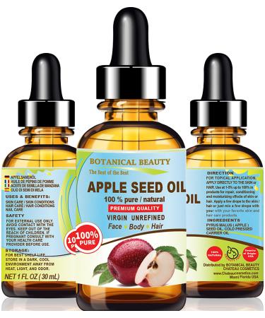 Botanical Beauty APPLE SEED OIL 100% Pure Virgin Unrefined Cold-Pressed Carrier Oil 1 Fl.oz.- 30 ml Moisturizer for FACE DRY SKIN BODY HAIR NAILS