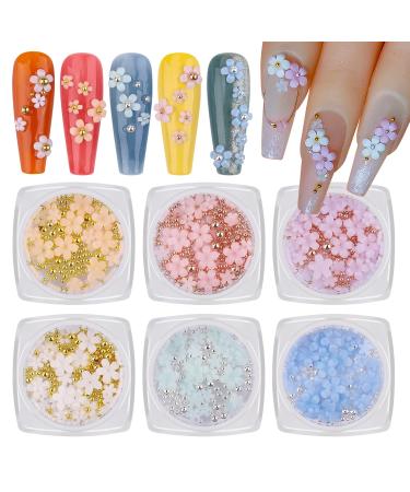 Kalolary 3D Colorful Flower Nail Charms with Silver Pearl Caviar Beads for Acrylic Nail Rhinestone Decorations Acrylic Flowers Nail Art Stud Decorations for Women Girls(6 Boxes)