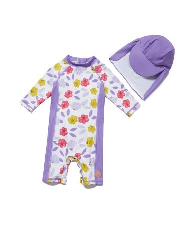 Bonverano Baby Girls Swimsuit/Sunsuit UPF 50+ UV Protection One Pieces with Sun Cap (Purple Flowers 3-6Months) 3 Months Purple Flowers