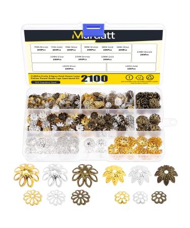 Mardatt 2100PCS 12 Styles Metal Bead Caps Assortment Set 7/9/10/14mm Hollow Flower Spacer Bead End Caps Jewelry Finding Making Supplies for DIY Earring Pendant ( Bronze/ Gold/ Silver)