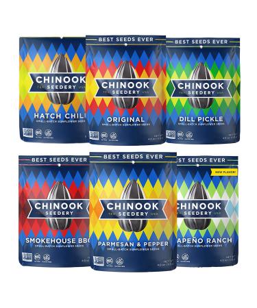 Chinook Seedery Roasted Jumbo Sunflower Seeds - Keto Snacks Sampler - Best For Snack Packs - Gluten Free, Non GMO Snack Food Gifts - 4 ounce (Pack of 6) - 6 Flavor Sampler Pack 6 Flavor Variety Pack 4 Ounce (Pack of 6)