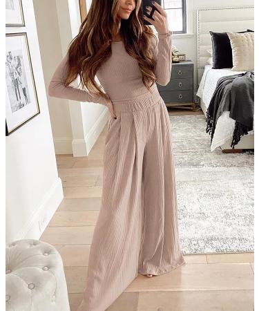 BTFBM Women's Ribbed Knit Lounge Set - Long Sleeve Crop Top & Wide Leg Pant in Solid Apricot | Size Large - Buy Online on SooperMarket.com