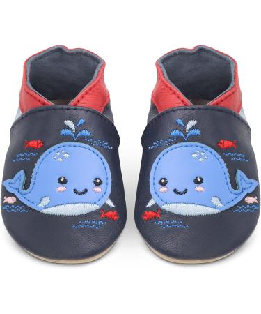 Dotty Fish Soft Leather Toddler Shoes | Non-Slip Animal Designs for Boys & Girls | Navy Whale | 3-4 Years - Buy Online on SooperMarket.com