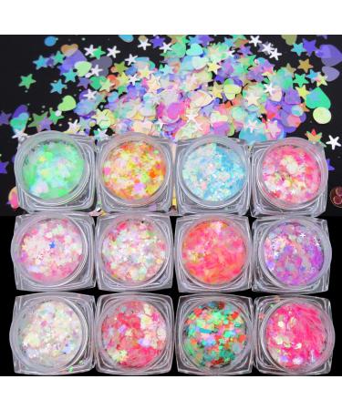 LuckForever 12 Colors Stars Heart Chunky Festival Glitter Sequins Iridescent Glitter Flakes Sparkles Resin Art Crafts Paints Decor Iridescent Heart Star