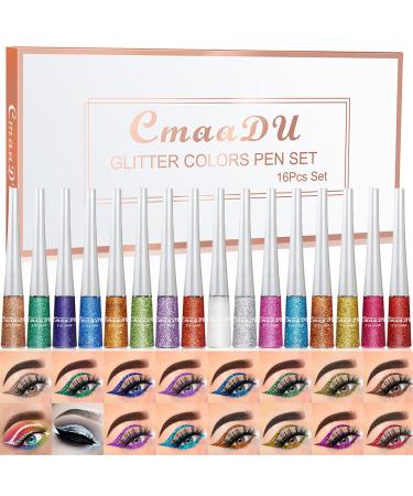 Gireatick 16PCS Liquid Glitter Eyeliner set  16 Colors High Pigmented Brighten Eye Liner Kit  Long Lasting Waterproof Metallic Shimmer Eyeshadow