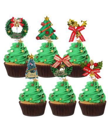 Whaline 24Pcs Christmas Cupcake Toppers 6 Design Xmas Tree Wreath Cupcake Picks Colorful Merry Christmas Cake Toppers Home Party Decor for Christmas Winter Holiday Birthday Party Cake Decorations