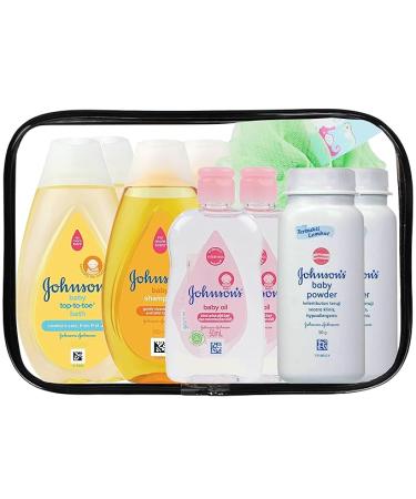 Johnson's Baby Bath Essentials Travel Kit - 9 Piece TSA Approved Toiletries Set with Shampoo  Body Wash  Baby Powder  and Oil - Bonus Loofah Included - Buy Online on SooperMarket.com