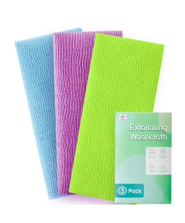 3 Pieces Exfoliating Washcloth Shower Towel African Net Sponge Japanese Wash Cloth Face Exfoliating Sponge Loofah Exfoliating Body Scrubber for Body Exfoliation (Purple Blue Green)