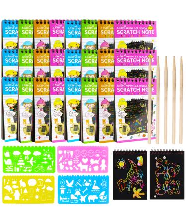 OJYUDD 24 Pack Scratch Arts and Crafts Notebooks,Rainbow Scratch Art Papers for Kids,Sketch Drawing Pad for Crafts Activity Gift(29 Wooden Stylus & 4 Drawing Stencils)