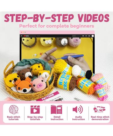 HEJIN Crochet Kit for Beginners - 6 PCS Animal Kit with Video Tutorials, Yarn, Eyes, Stuffing, Hook - Perfect Gift for Kids & Adults - Buy Online on SooperMarket.com
