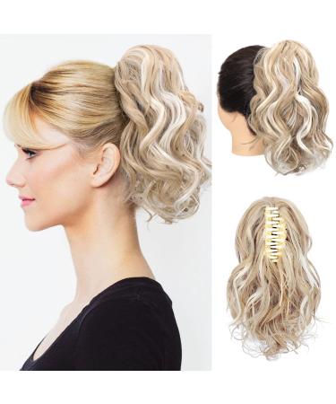 REECHO Ponytail Extension Claw Clip in Ponytail Hair Extensions 12 Inch Short Curly Ponytail Natural Wavy Synthetic Hairpiece for Women Ash Blonde with Highlights 12 Inch Ash Blonde with Highlights