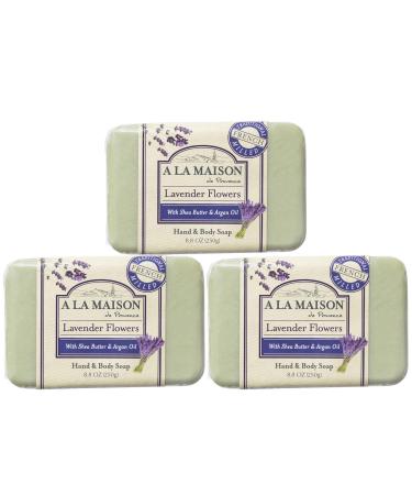 A La Maison Lavender Flower Bar Soap 8.8 oz. | 3 Pack Triple French Milled All Natural Soap | Moisturizing and Hydrating For Men, Women, Face and Body 8.8 Ounce (Pack of 3)