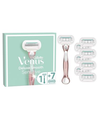Gillette Venus Deluxe Smooth Sensitive Women's Razor + 7 Razor Blade Refills, with Rose Gold Metal Handle, Lubrastrip with A Touch of Aloe Vera Deluxe Smooth Sensitive Women's Razor + 7 Razor Blades