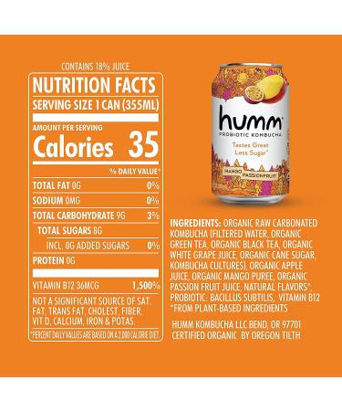 Humm Probiotic Kombucha Mango Passionfruit - 2 Billion Probiotics - Organic, Vegan & GMO-Free - 12 Pack, 12 Fl Oz - Buy Online on SooperMarket.com