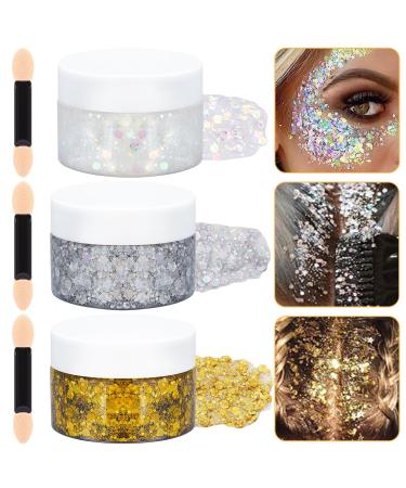 3Pcs Holographic Body Glitter Gel with 3 Makeup Brushes 50ml Mermaid Sequins Sparkling Liquid Eyeshadow Sequins Glitter for Face Body Eye Hair DIY Art Festival Party Makeup Decoration