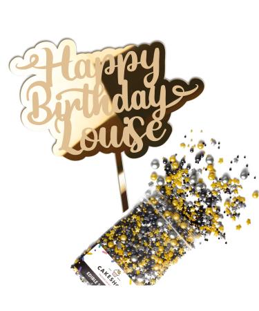 Cakeshop Cake Decoration Pack | Happy Birthday Premium 3mm Mirror Acrylic Plastic Cake Topper Sign & 25g Party Pack of Cake Sugar Sprinkles | Custom Name Cake Decorations (Gold) Non-Prime Mirror Acrylic: Gold