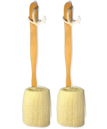 2 Pack Natural Exfoliating Loofah luffa loofa Bath Brush On a Stick - with Long Wooden Handle Back Brush for Men & Women - Shower Sponge Body Back Scrubber