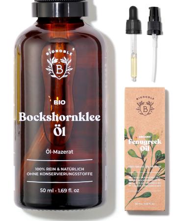 Bionoble Bockshornklee oil organic 50ml - oil macerate made of Bockshorn clover seeds + sunflower oil - body chest area buttocks hair nails - vegan fenugreek oil - glass bottle + pipette + pump unparfored 50 ml (1 Pack)