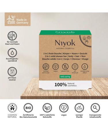 Niyok 3 in 1 Solid Shower Gel Shampoo Facial Cleansing Vegan Organic Plastic-Free Normal to Fine Hair Like Soap Only Skin-Neutral pH 5.5 Natural Cosmetics Early Spring (80 g) - Buy Online on SooperMarket.com