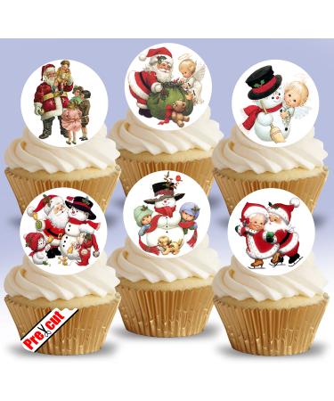 Edible Stand up Vintage Christmas Mix XIV.B Pre-Cut Wafer Paper Cupcake Toppers Party Victorian Santa Theme Birthday Cake Decorations (24)