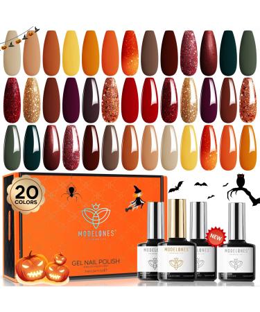 Modelones 20 Colors Gel Nail Polish Kit- Fall Winter 24 Pcs Gold Orange Gel Polish Set Yellow Brown Soak Off Nail Polish Kit with Bond Primer Glossy & Matte Top Base Coat DIY Nail Art Halloween Gifts A- 1 Cozy Campfire