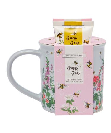 Heathcote & Ivory Busy Bees Giftable Mug Set | 2x50ml Hand Cream and Ceramic Mug Keep Hands Soft and Scented | Cruelty Free & Vegan Friendly | Travel Friendly Sizes