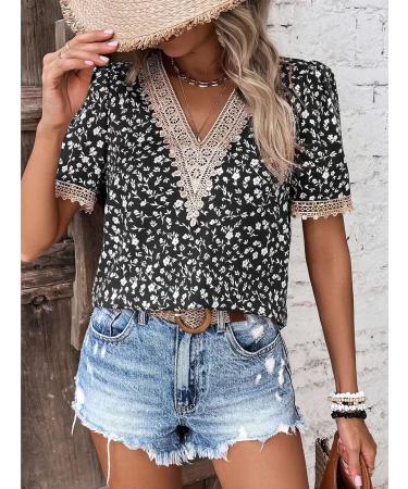 Naroote Womens Blouse Easy Matching Womens T Shirt Casual Lace Stitching Casual V-Neck for Beach XX-Large Black - Buy Online on SooperMarket.com