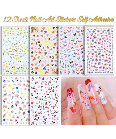 Teenitor 3D Flower Nail Stickers Set with Glitter, Butterfly, Heart Sequins, and Nail Foil - 12 Self-Adhesive Sheets for Nail Art Decoration - Buy Online on SooperMarket.com