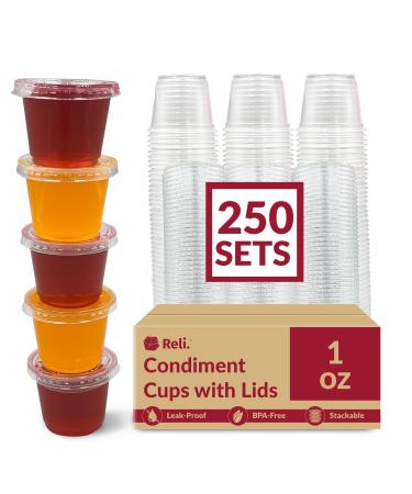 Reli. 1 oz Small Containers with Lids (250 Sets) | Jello Shot Cups with Lids | Clear Plastic Condiment Containers with Lids | Portion Cups with Lids | Sauce Cups | Souffle Cups | Stackable | Bulk