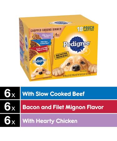 PEDIGREE Chopped Ground Dinner Adult Wet Dog Food Variety Pack, 3.5 oz Pouches, Chicken, Beef, Filet Mignon - 18 Pack - Buy Online on SooperMarket.com