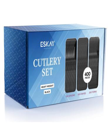 Heavy Weight Plastic Silverware Set - 200 Plastic Forks, 100 Plastic Knives, 100 Plastic Spoons Disposable Cutlery Combo Set (Black) Black 400 Piece Set