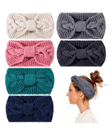 Whaline 6 Pieces Knit Headbands Winter Ear Warmers Twisted Elastic Turban Head Wraps with Bow Knot Hair Band Accessories Hair Scrunchies Scarves for Women Girls (Blue Pink Colors)