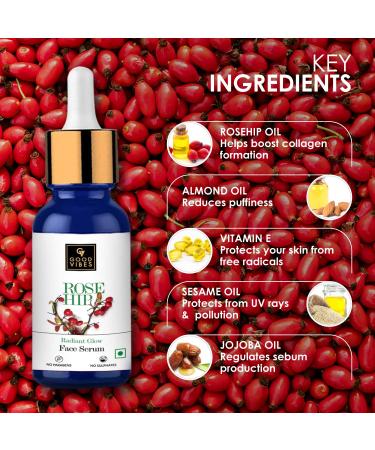 Good Vibes Rose Hip Radiant Glow Face Serum | Lightweight Anti-Aging Moisturizer for All Skin Types | Corrects Dark Spots | 10ml | Paraben & Sulfate Free | Cruelty-Free - Buy Online on SooperMarket.com