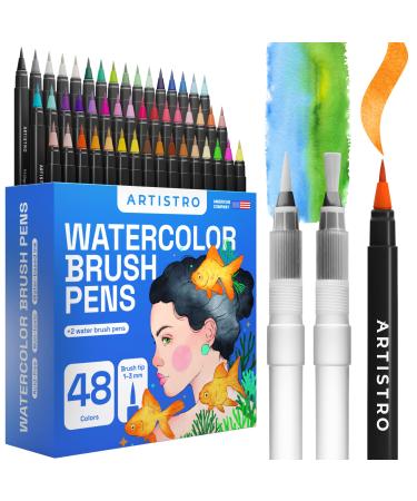 ARTISTRO Watercolor Brush Pens  48 Colors Set + 2 Water Brush Pens. Unique Vivid Colors. Real Brush Pens for Artists and Adults. Great for Creating Illustrations  Calligraphy  and Watercolor Effects 48 Brush Tip