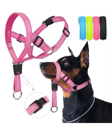 Weesiber dogs against pulling adjustable muzzle leash padded halter for dogs to prevent strong pulling on a leash (pink l) Large pink