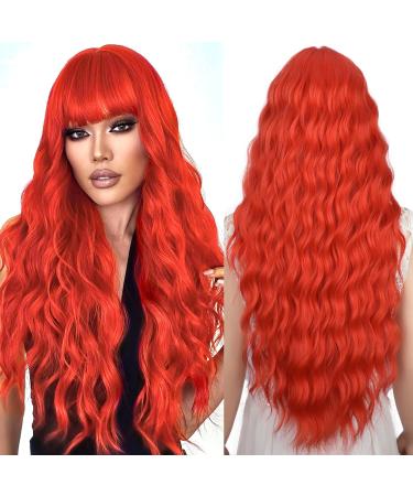 YEESHEDO Women's Wig Long Wave Wigs for Women with Bangs Natural Curly Wavy Synthetic Replacement Hair for Party Cosplay Halloween 28 Inches (Gold Red)