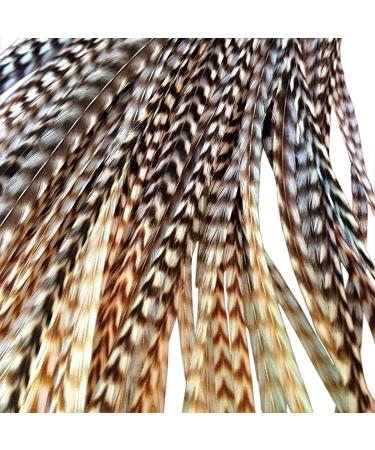 Feather Hair Extensions, 100% Real Rooster Feathers and bead loop kit, 20 Long Thin Tie Dye Ginger Brown and Black and White grizzly striped Ombre Bayalage natural look