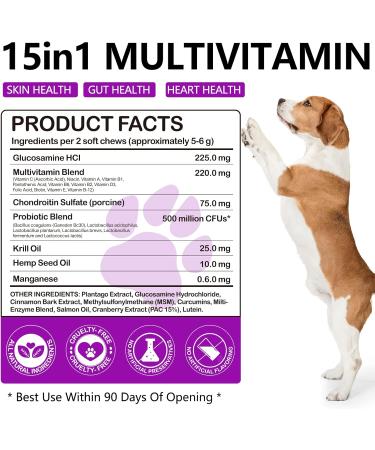 Dog Multivitamin Chewable Supplements 15 in 1. Hip Joint Skin Coat Skin Health Gut Health and Heart Health. Digestion & Immune System for All Ages All Breeds Dogs x150 Chews. Duck Flavor. - Buy Online on SooperMarket.com