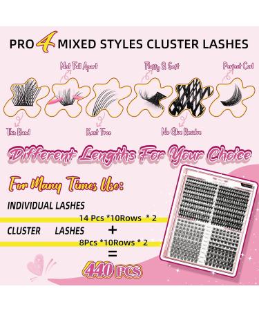 PRO 440 Pcs Cluster Lashes 4 Styles Lash Clusters DIY Eyelash Extension 30D 40D Individual Lashes Thin Band Easy to Apply at home Lashes(4 Styles 8-16mix) 8-16 mix 4 Styles (440 Pcs) - Buy Online on SooperMarket.com