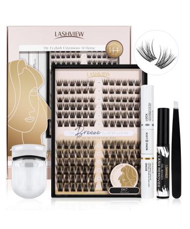 Lashview DIY Lash Extension Kit 144 PCs Lash Cluster with Lash Bond and Seal Mascara Brush Brush Glue Remover Lash Applicator and Travel Eyelash Curler (D17 Style-C) 9ZD17H-144C-KIT