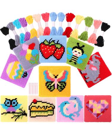 Pllieay Kids 10-in-1 Cross Stitch Beginner Kit for Kids  Includes Instruction of 10 Different Patterns  10 Blank Plastic Canvas for Needlework  and 14 Colored Threads  Needlepoint Starter Sewing Set
