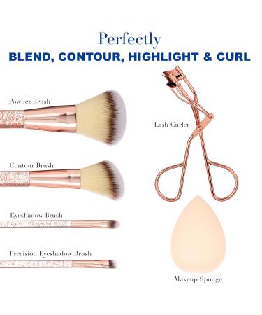 Expressions 6pc Rose Gold Makeup Brush Set with Eyelash Curler & Beauty Blender | Premium Cosmetic Brushes for Contouring & Highlighting - International Shipping Available - Buy Online on SooperMarket.com