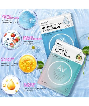 Besnel Collagen Facial Masks - 48 Pack, Plant Extract & Sodium Hyaluronate, for All Skin Types, Korean Spa Face Mask - Buy Online on SooperMarket.com