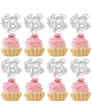 Rsstarxi 24 Pack Happy New Year 2024 Cupcake Toppers Glitter Fireworks Hello 2024 New years Cupcake Picks for Cheers to 2024 New Year Holiday Party Cake Decorations Silver Design 2 Silver
