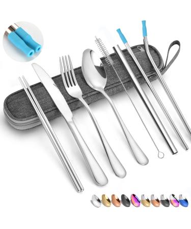 Travel Reusable Utensils Silverware with Case Travel Camping Cutlery set Chopsticks and Straw Portable Flatware with Case Stainless steel Travel Utensil set 8 Piece AF(Silver) Full Size Silver