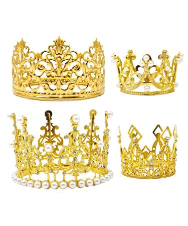 4 Pieces Crown Cake Topper Mini Tiara Birthday Cake Topper Gold Crystal Pearl Wedding Cake Crown Topper for Birthday Party Wedding Cake Decoration