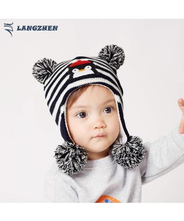 LANGZHEN Toddler Winter Hat | Earflap Knit Beanie for Baby Boys Girls 2-4 Years | Fleece Lined | Penguin Design | Black Stripe - Buy Online on SooperMarket.com