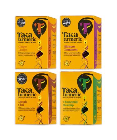 Taka Turmeric 4 Pack (60 Teabags) Variety Pack with Turmeric Herbal Tea No Added Flavourings Selection of Ginger Lemon Masala Chai Hibiscus Cinnamon Chamomile Rosehip Variety Pack 15 count (Pack of 4)